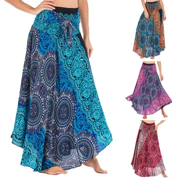 

Women Skirt Summer Fashion Long Hippie Bohemian Gypsy Boho Flowers Elastic Waist Floral Halter Skirt 2019