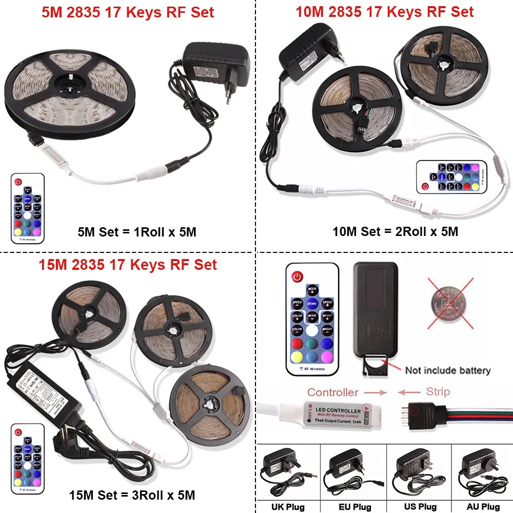 5 м 10 м 15 м 2835 Светодиодная лента DC 12 В Водонепроницаемая RGB Диодная лента Tira светодиодный светильник с 17 клавишами RF контроллер+ адаптер питания