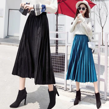 

Women Pleuche Skirts 2020 New Autumn Winter Fashion Female Soild A-line Maxi Skirt Casual Gold Velvet Pleated Skirt High Quality
