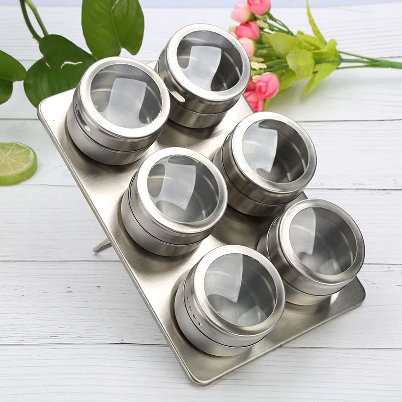 

Stainless Steel Magnetic Spice Jars Tins Container Set with Clear Lid Labels Magnetic Spice Tins Jars Seasoning Pepper Organizer