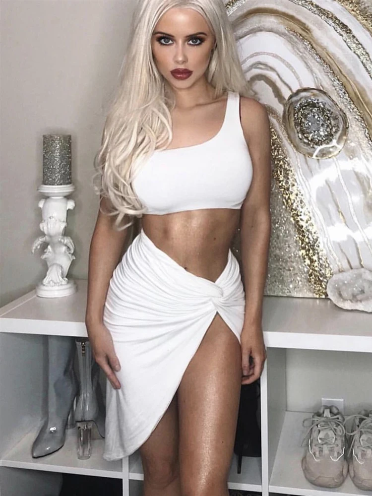 

Summer 2 Piece Set One Shoulder Crop Top with Irregular Twist High Slit Skirts Two Piece Set Sexy Bodycon Beach Women Outfit
