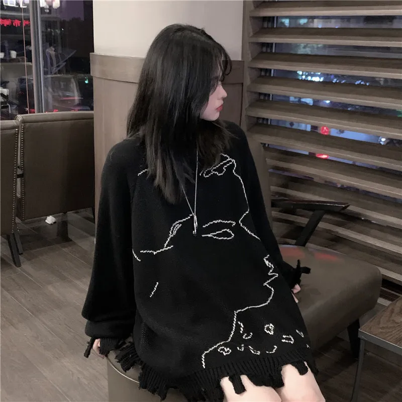 Mooirue Зима Весна для женщин свитер в Корейском стиле Harajuku Винтаж Абстрактная живопись повседневное длинный пуловер уличная вязаная Топ