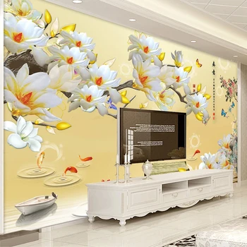 

Custom Photo Chinese Style 3D Stereo Embossed Magnolia Flower Art Wallpaper Living Room Sofa TV Background Papier Peint Mural 3D