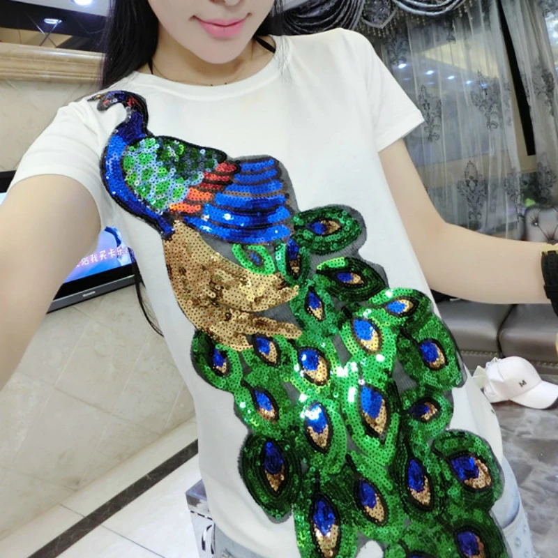 

Fashion Women T Shirts Female Peacock Sequins Embroidery Short Sleeve O-neck Cotton Diamonds Tshirt Ladies Slim Soft Tshirt