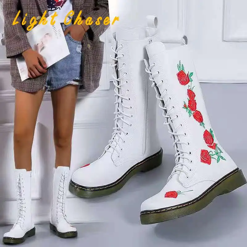 Spring Autumn Booties Female Plus Size 35-43 Sexy High Boots Knee-high Pu Boots Embroidered High Heels For Women Fashion Shoes