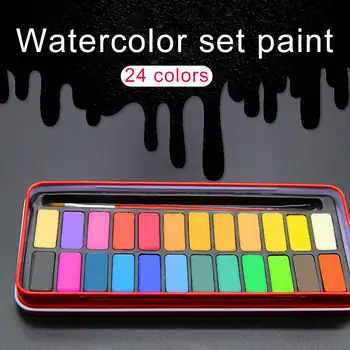 

24 colors Brush Pen Red Iron Boxes Solid Watercolour Pigment Paints Set Solid Watercolour Set Portable Drawing Crafts Artist