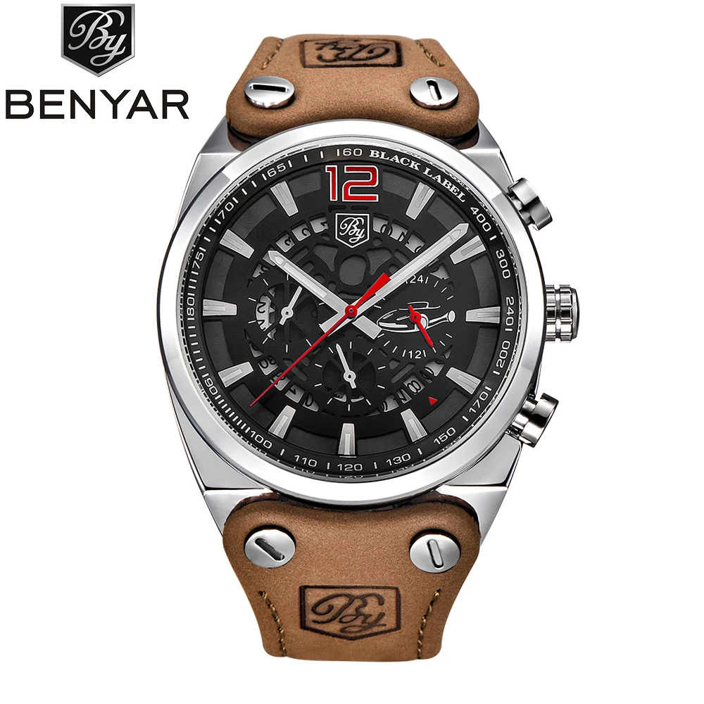 silver red watch BENYAR мужские часы Топ Роскошные хронограф спортивные мужские часы модный бренд водонепроницаемые военные кварцевые часы Relogio Masculino - Цвет: silver red watch