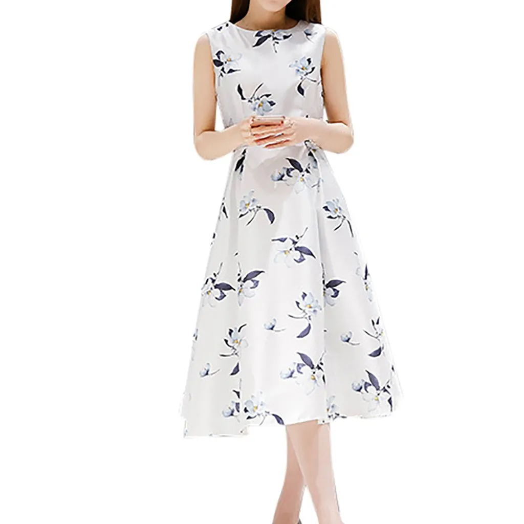 Модное летнее женское элегантное платье расклешенного силуэта с поясом без рукавов с круглым вырезом до середины икры женское с цветочной печатью платье Размер M-3XL
