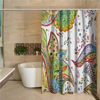 

Grunge Precision Custom Shower Curtain Patterns of Leaves Flowers and Heart Shapes in Abstract Garden Theme Art Print Modern