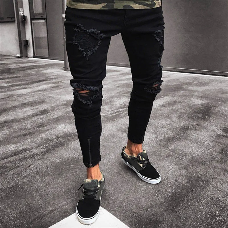 Мужские потертые штаны модные крутые брендовые черные джинсы обтягивающие рваные потертые стрейчевый облегающий хип-хоп брюки с дырками для мужчин брюки