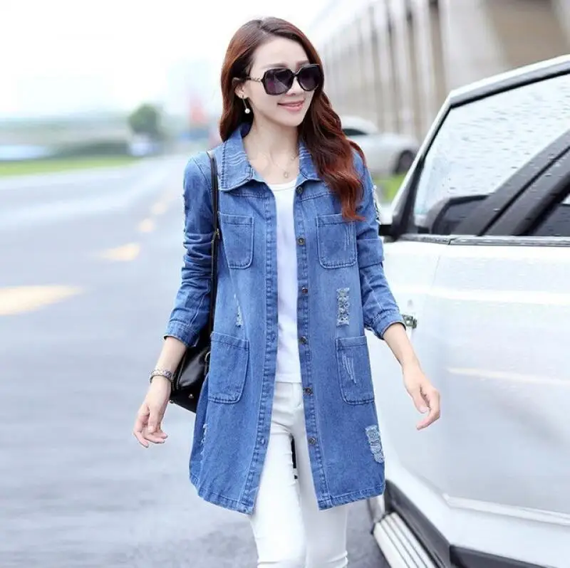 

Женская длинная джинсовая куртка, элегантная винтажная рваная джинсовая куртка с дырками, верхняя одежда