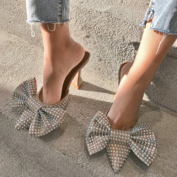 

Bling Bling Rhinestone Bowknot High Heel Slippers Women green Goblet Heels Gladiators Sandals women Slides Summer Party Shoes