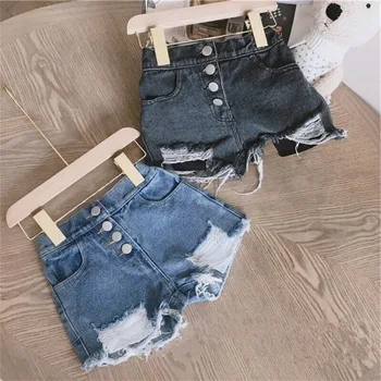 

New Summer Kid Baby Girls Denim Shorts Stretch Ripped Jeans Destroyed Frayed Denim Buttons Hot Pants Costume Girls Clothes 1-6Y