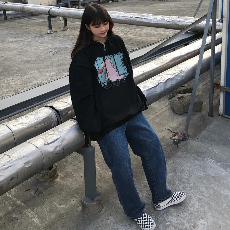 Lychee Harajuku мультфильм Динозавр Женские флисовые толстовки повседневные свободные женские толстовки спортивный костюм хлопок зимние женские пуловеры