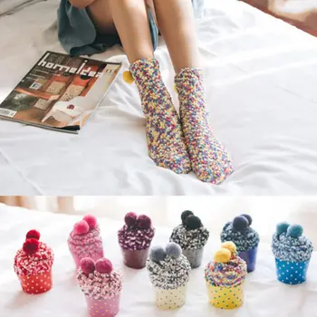 

Women Girls Winter Warm Sweet Cup Cake Cotton Coral Fleece Mid-Calf Long Towel Socks Candy Color With Lovely Pompom Ball