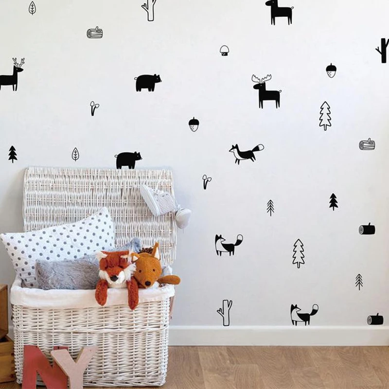 Nordic Style Forest Animal Wall Decals for kids Woodland Tree Nursery Vinyl Art Wall Stickers Children Room Modern Home Decor
