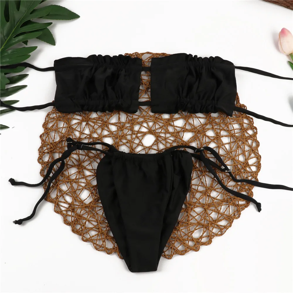 MAILLOT DE BAIN,Sexy Bikini 2020 Mujer épaules nues maillots de bain femmes solide néon violet