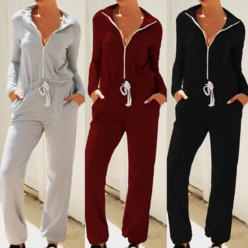

New Arrival Women Stand Collar Jumpsuit Zipper Strap Sweater Jumpsuit Casual Rompers