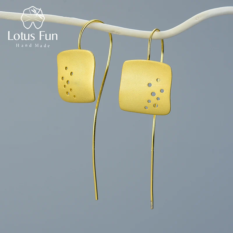 Lotus Fun Настоящее серебро 925 проба креативные дизайнерские ювелирные изделия минималистичные полые серьги с квадратной подвеской для женщин Brincos - Цвет камня: Золотой