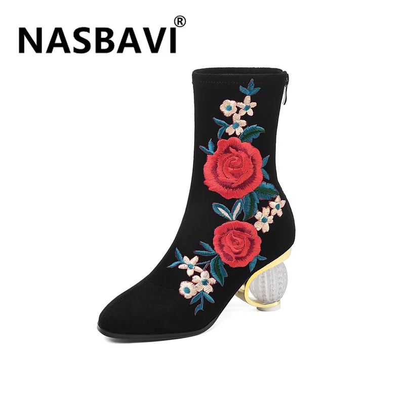 

Women High Heel Boots Zip Up square Toe Shaped heel Women's Spring Autumn Block Heels Embroidered Boots Botas Femininas