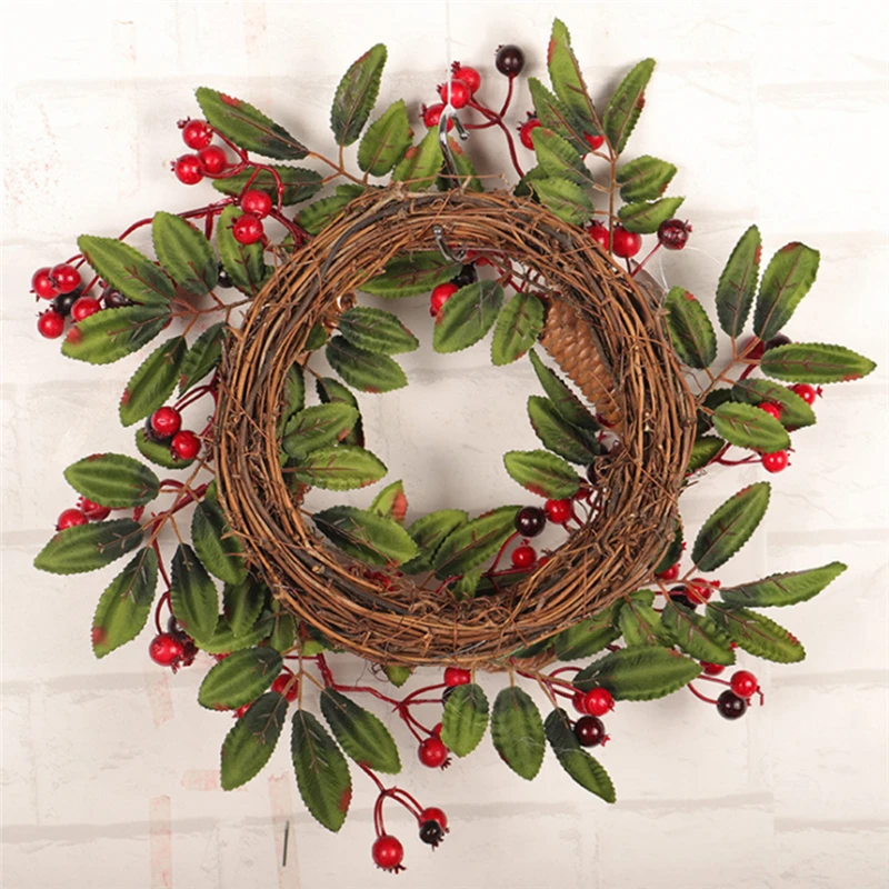 Christmas Wreath Door Decoration Artificial Foam Berry Wreath With Natural Pine Cone Pendant Wall Decor Wreath 40cm