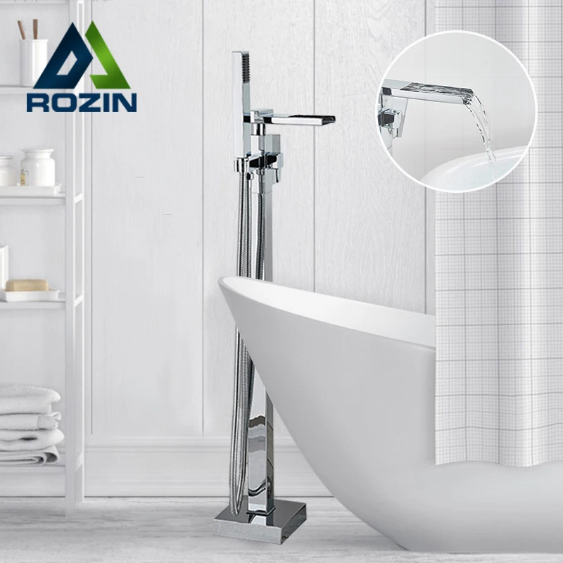 Chrome Bathtub Shower Faucet Bathroom Free Standing Tub Spout Faucets Floor Mounted Hot Cold Water Mixer Tap with Handshower