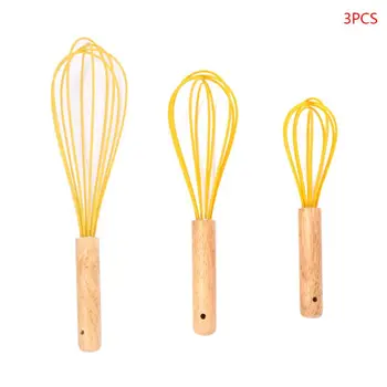 

3Pcs/Set Silicone Egg Beater Frother Mixer Whisk Wooden Handle Manual Stirring