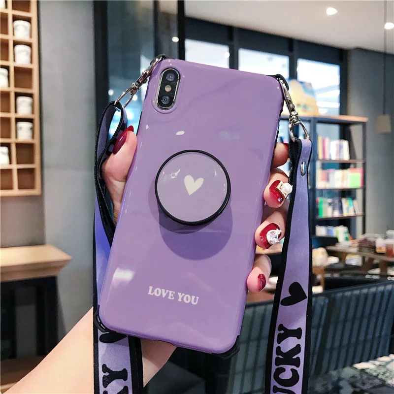 cute wallet card holder Heart-shaped bracket lanyard silicone phone case for iphone X XR XS MAX 6S 7 8 plus - Цвет: Лаванда
