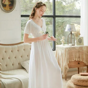 

Night Dress Women Summer Cotton Nightgowns Vintage Sleeping Dress Palace Style Sleepwear Sexy Nightwear Open Back Lace Pijama