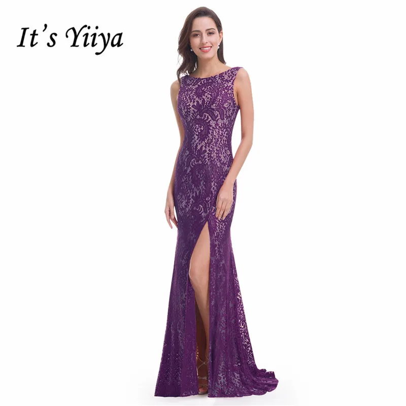 Это Yiiya вечернее платье, без рукавов, с разрезом, с круглым вырезом, Robe De Soiree C446, кружевное, со шлейфом, с открытой спиной, женские вечерние платья