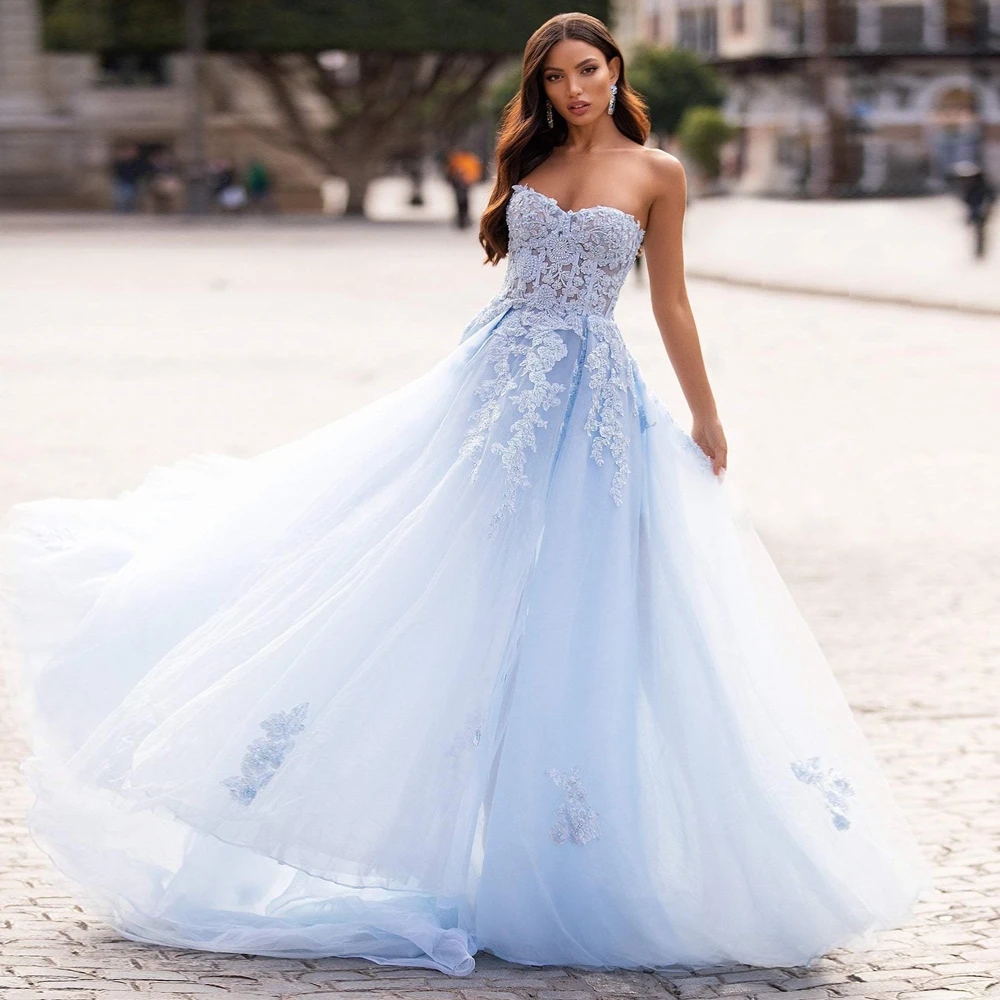 Verna Sin Tirante Novio Vestido Con Apertura Azul Cielo Tallas Grandes