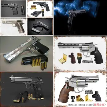 

High Quality Black Spring Pistol Magnum Metal Sign Tin Art Painting Wall Decor Poster Plaque Bar Pub Club Cafe Home Plate