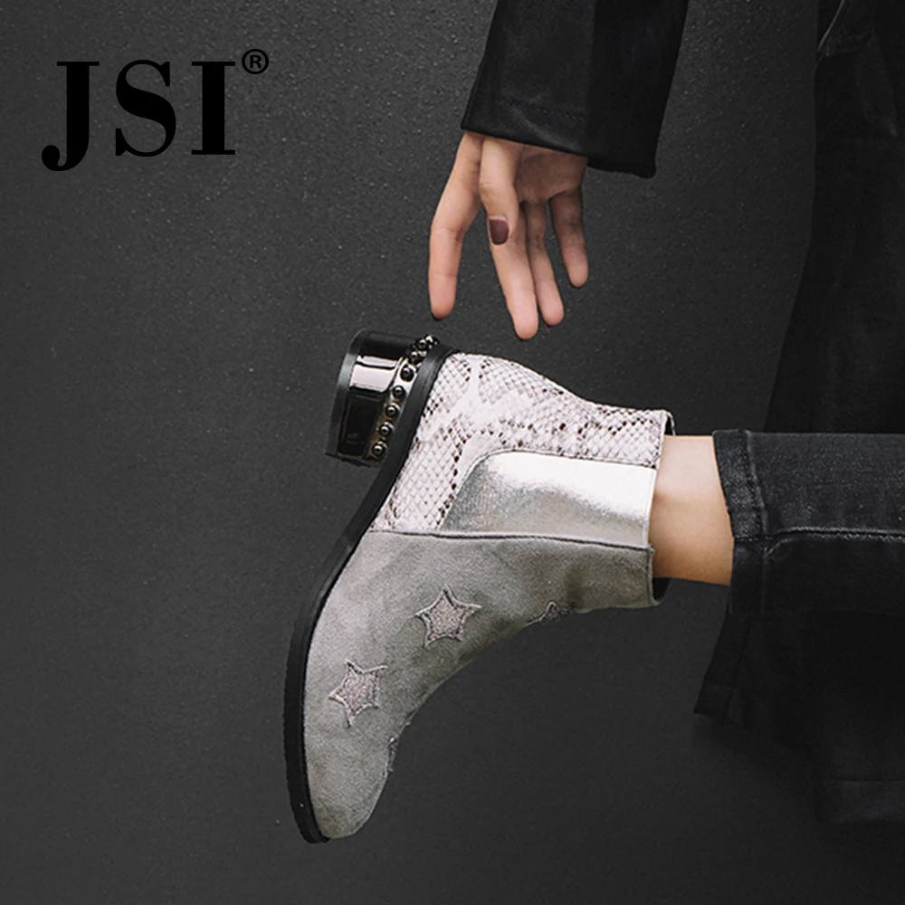 

JSI Winter Boots Women Pointed Toe Square Heel Zip Snake Print Boots Med Heel Ankle Handmade Microfiber Bling Shoes Women je44