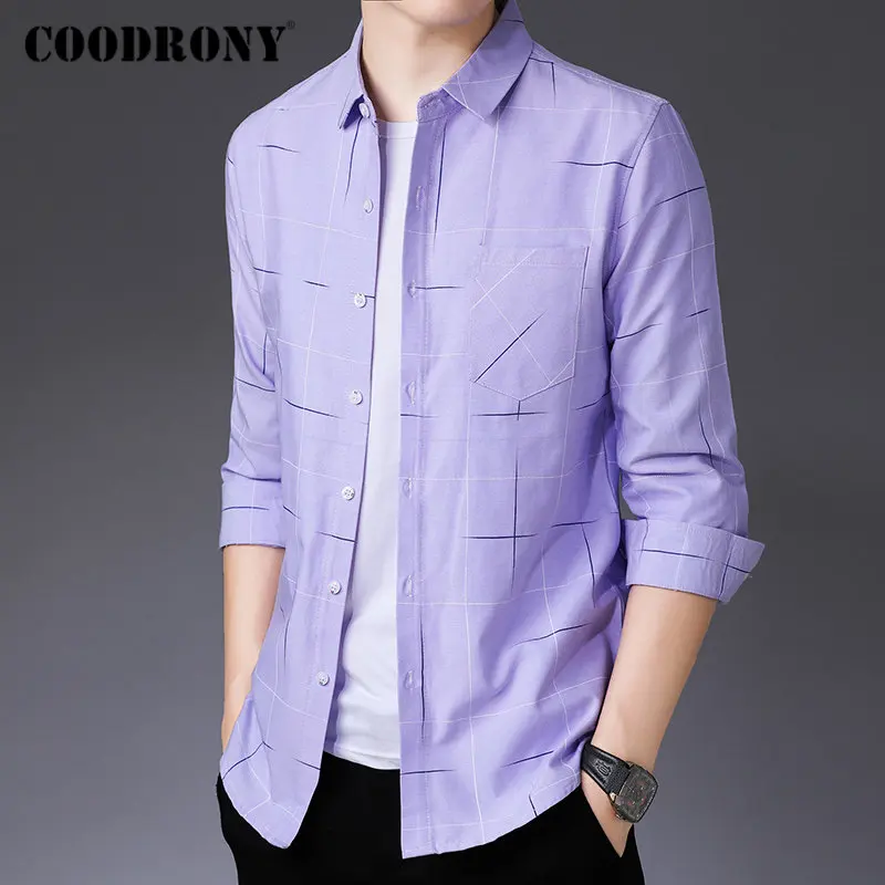 Фиолетовый Бренд COODRONY, мужская рубашка, уличная мода, деловые повседневные рубашки с длинным рукавом, хлопковая рубашка, Мужская одежда, Camisa Masculina 96094 - Цвет: Фиолетовый