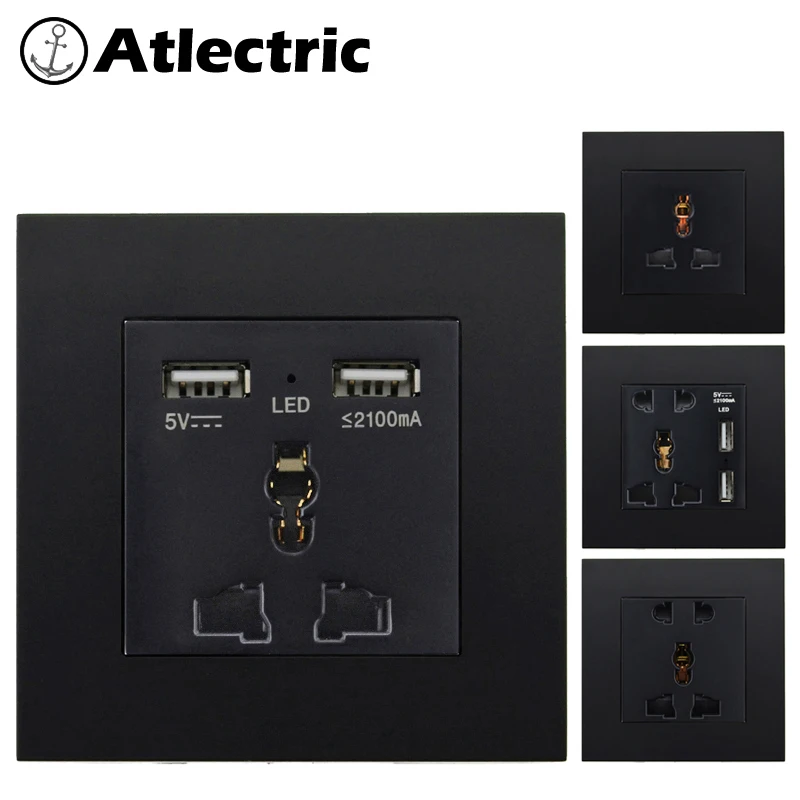 Atlectric универсальная розетка двойной USB порт зарядное устройство с розеткой адаптер ПК пластиковая панель универсальная Сетевая розетка