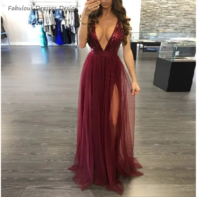 

2020 Bling Sequin Long Prom Dresses Sexy Deep V Neck A Line Evening Dress Party For Women Criss Cross Backless Vestido De Festa