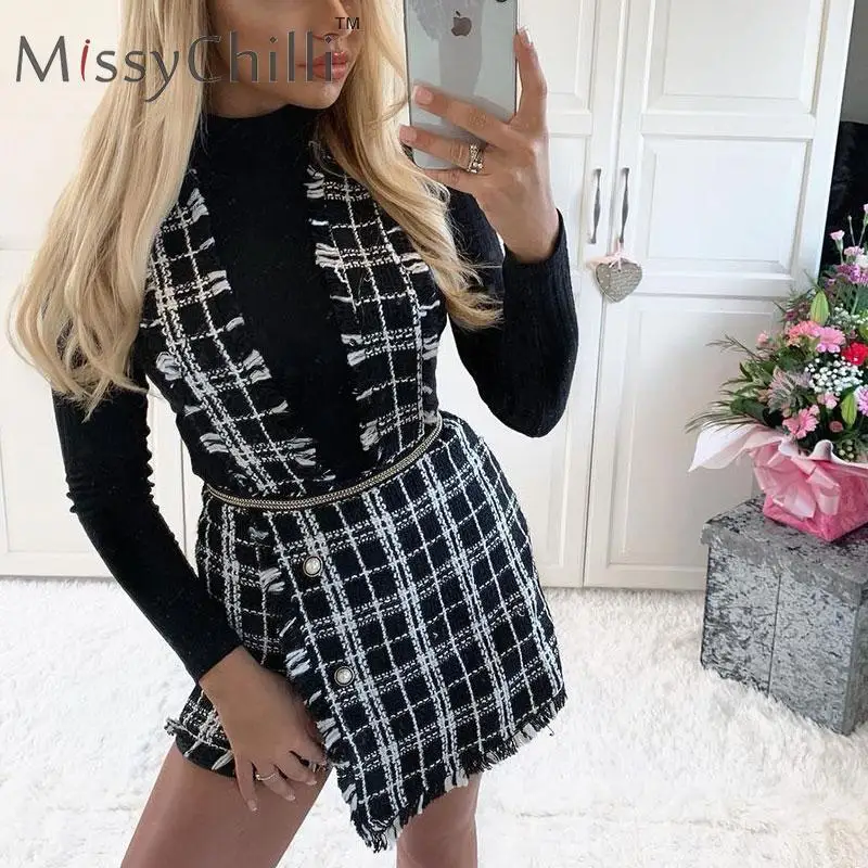 Online Missychili Sexy tweed otoño falda de cintura alta culottes mujer una línea plaid babero pantalones cortos a rayas Mujer Pantalones cortos bottoms vintage