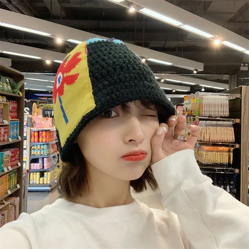 

Knitted Fisherman Hat Women Autumn Winter Fashion Versatile Japanese Style Bucket Hat Flower Patch Pot Cap Vintage