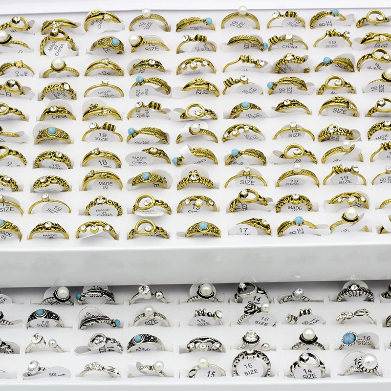 50 pcs/lot Mix Styles Bohemia Womens Imitation Pearl Finger Ring Antique Crystal Knuckle Ring Wholesale Gifts