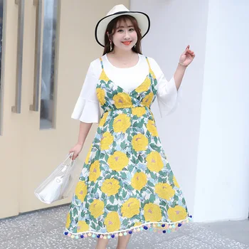 

Women's summer chiffon printed fake two-piece dress plus size knee length casual wear 100 kg can be worn