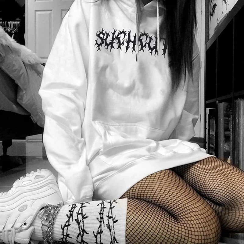 

Spring Autumn Plus Size Streetwear Hoodie Printed White Hoody Ladies Loose Long Sleeve Female Pullover Hooded Jacket Women Tops