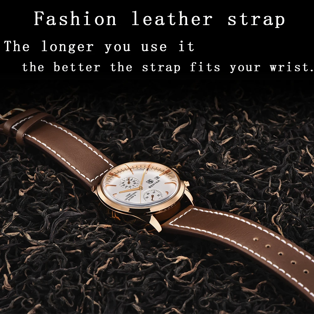 2021 BENYAR New Sports Watch for Men Top Brand Leather Waterproof Chronograph Men Military Men Quartz Wristwatches reloj hombre