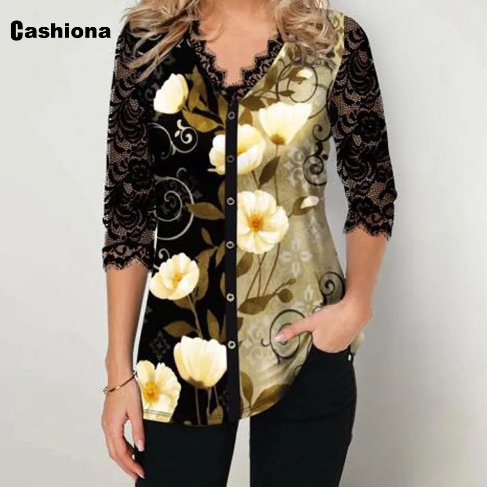 

Cashiona 2020 Plus Size 5xl Women Boho T-shirt Patchwork Lace Flower Print Loose Female Tops Summer New V-neck Tees Casual Shirt