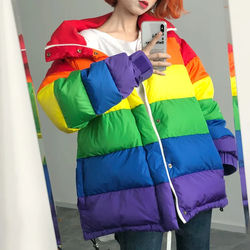 U-SWEAR Harajuku зимняя повседневная куртка для женщин Радуга ватная парка размера плюс свободное Полосатое пальто Femme Chaqueta Mujer - Цвет: rainbow