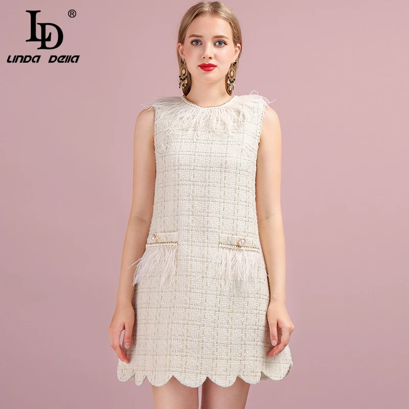

LD LINDA DELLA Fashion Runway Autumn Tweed Dress Women's Sleeveless Feathers Splice Elegant Casual A-Line Mini Short Dresses