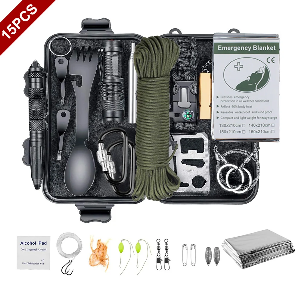 15 IN 1 Survival Kit Set Camping Travel Multifunction Tactical Defense Equipment First Aid SOS Wilderness Adventure