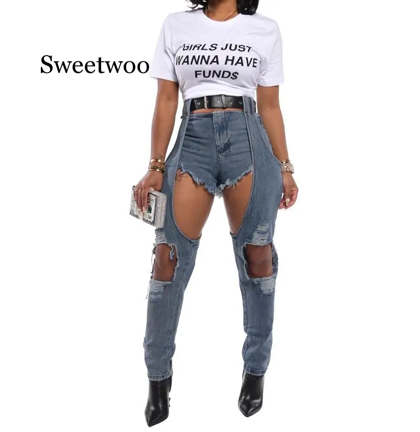 

Long Short Patchwork Jeans 2020 Women Sexy Hole Denim Pants Female New Style Fashion High Waist Long Trousers