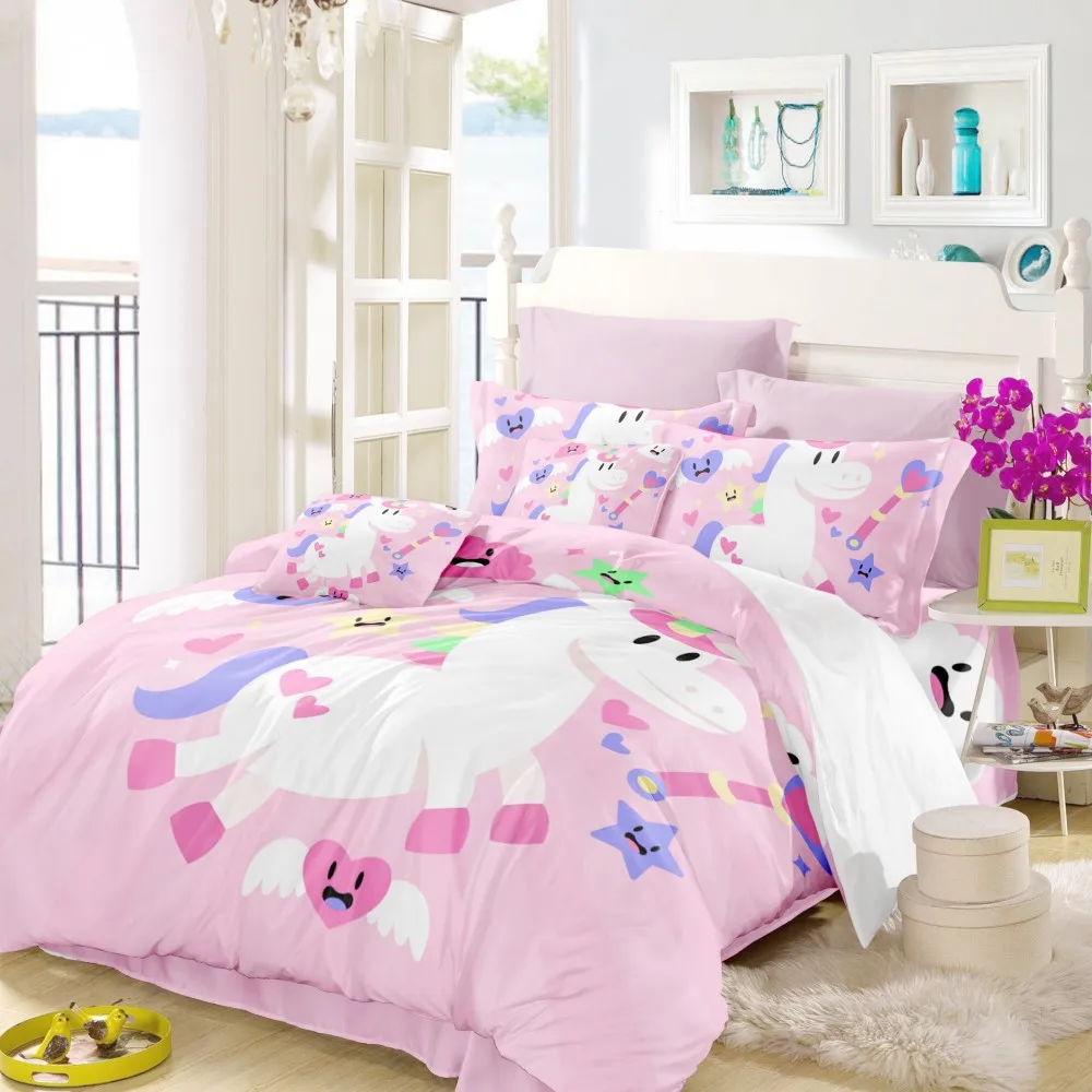 

3pcs Unicorn Bedding Set Girl Pink Duvet Cover Set Cartoon Love Magic Wand Design Bed Linen Set Pillowcase Kids Gift Home Decor