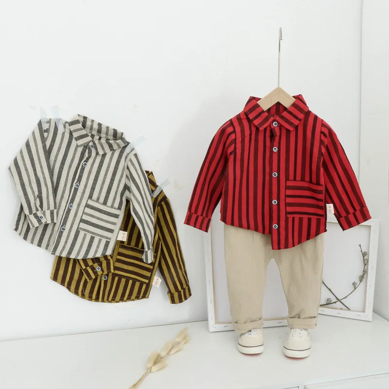 

2019 New Autumn Boys Stripe Clothes Suit Fashion Leisure Plaid Shirt Coat Trousers Two-Piece Costume Outfits Kids Clothes
