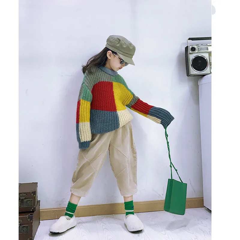 

Baby Girl Sweater 2019 New Children's Autumn Korean Version of The Lazy Foreign Air Loose Color Rainbow Pullover Knit Top